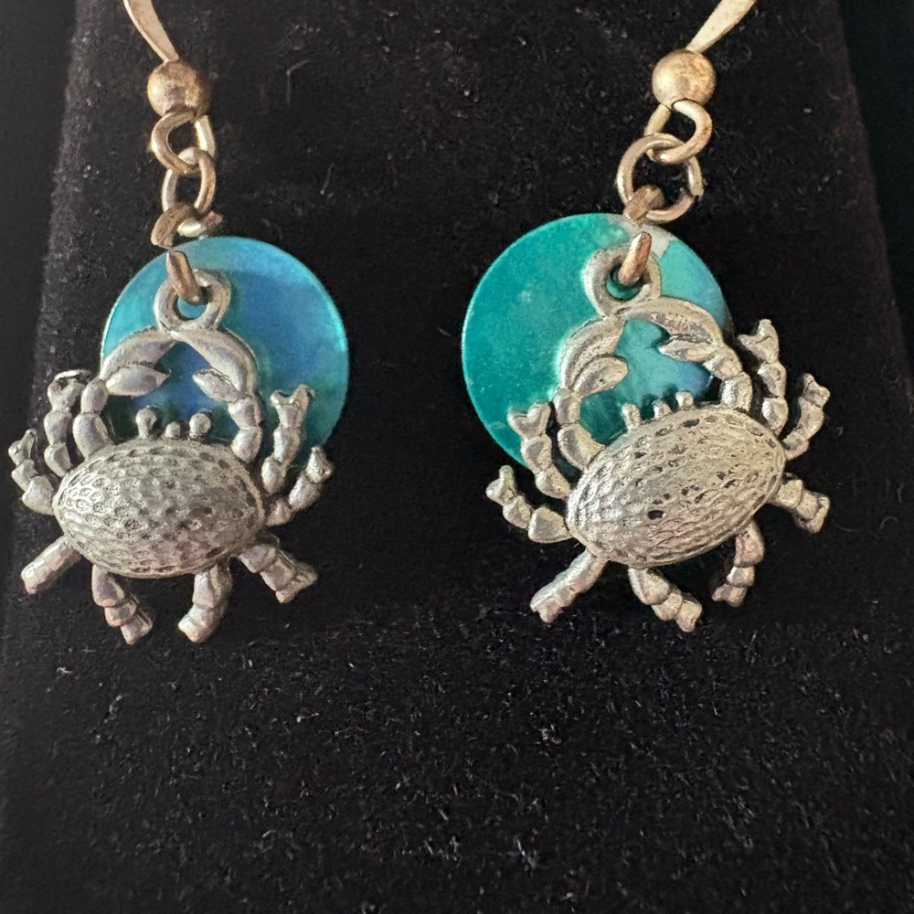 Silver Crab Earrings with Blue Accents - NEW IN BOX